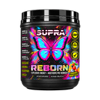 A black tub of SUPRA Reborn pre-workout supplement with a vibrant, colorful label featuring a neon butterfly design and text for 'Sunburst Berry Blast'.