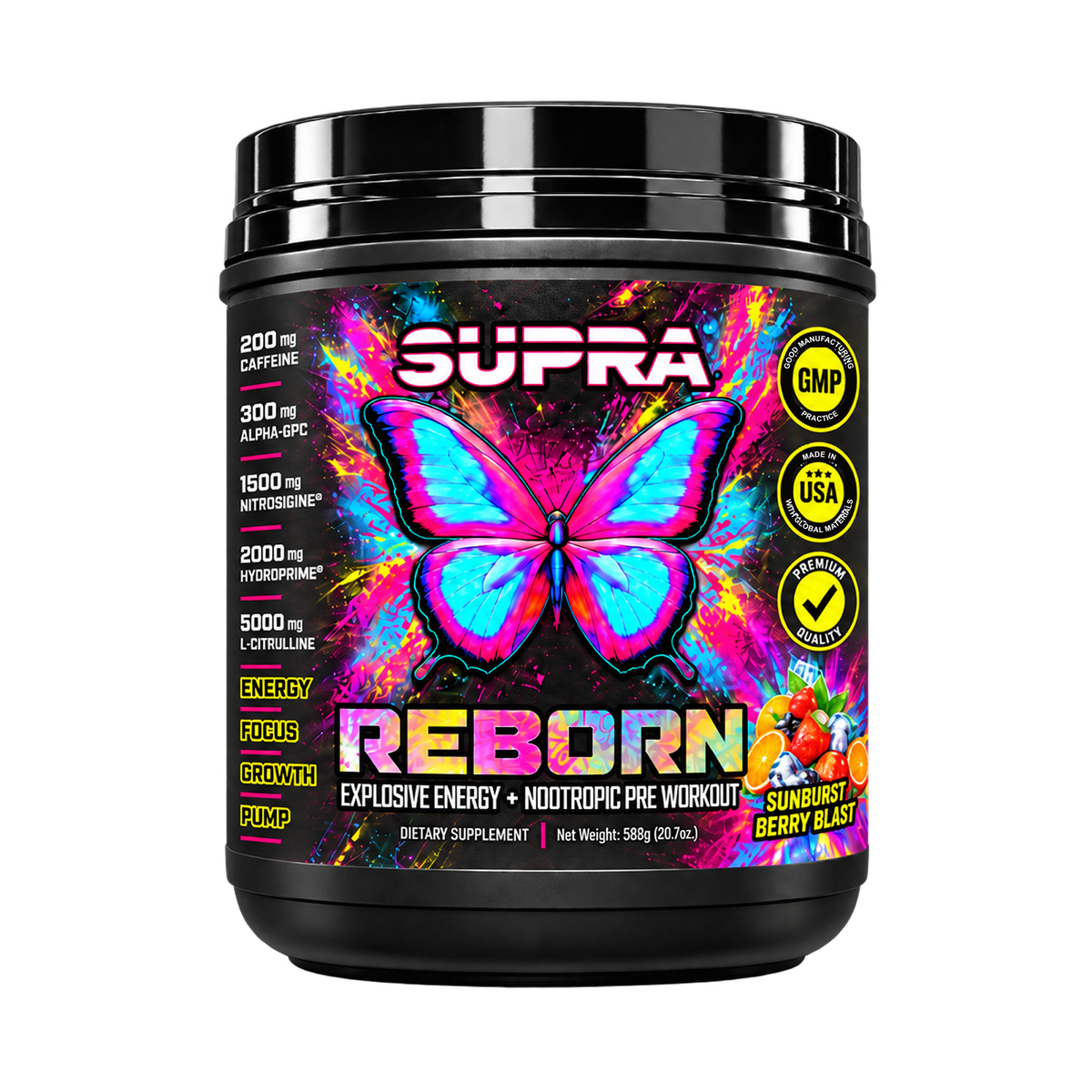 A black tub of SUPRA Reborn pre-workout supplement with a vibrant, colorful label featuring a neon butterfly design and text for 'Sunburst Berry Blast'.